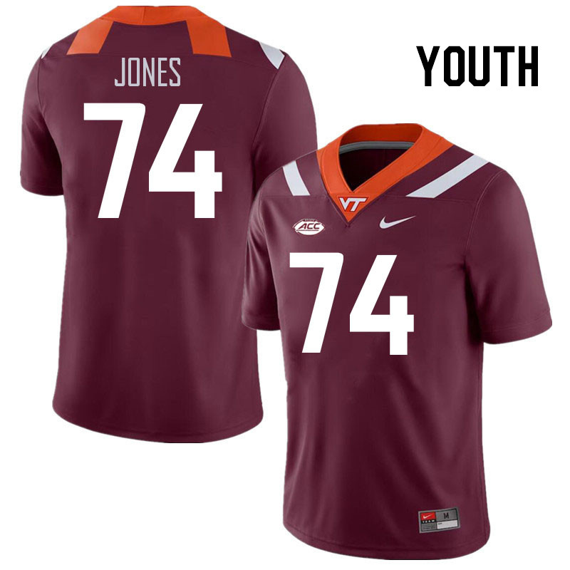 Youth #74 William Jones Virginia Tech Hokies College Football Jerseys Stitched Sale-Maroon - Click Image to Close
